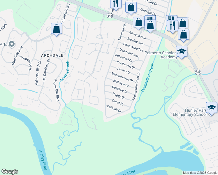map of restaurants, bars, coffee shops, grocery stores, and more near 7742 Ovaldale Drive in North Charleston