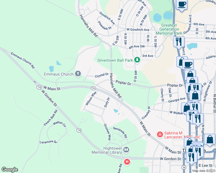 map of restaurants, bars, coffee shops, grocery stores, and more near 701 Poplar Drive in Thomaston