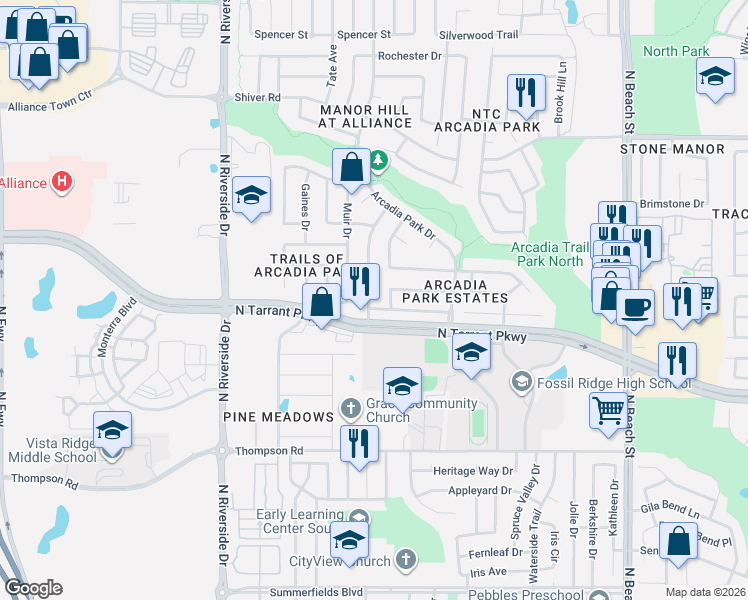 map of restaurants, bars, coffee shops, grocery stores, and more near 8524 Rainy Lake Drive in Fort Worth