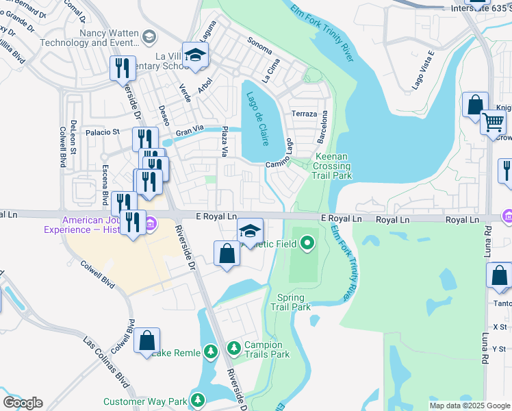 map of restaurants, bars, coffee shops, grocery stores, and more near 693 East Royal Lane in Irving