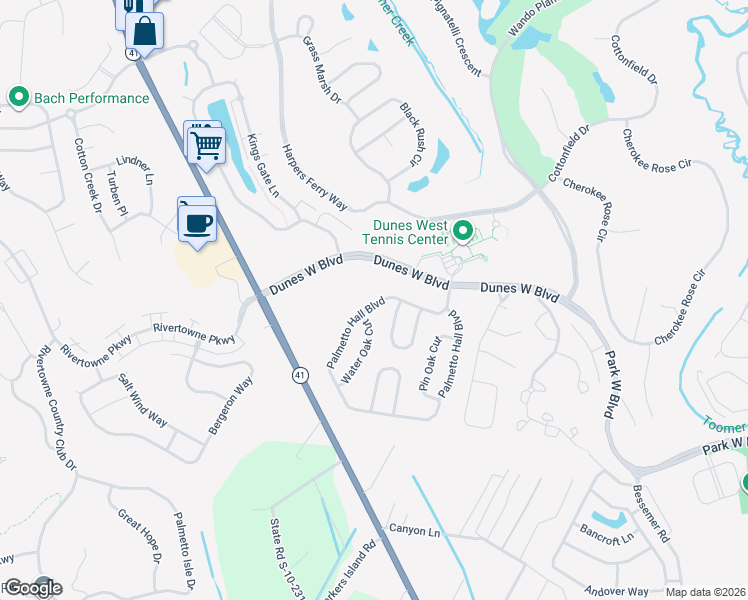 map of restaurants, bars, coffee shops, grocery stores, and more near 2540 Palmetto Hall Boulevard in Mount Pleasant