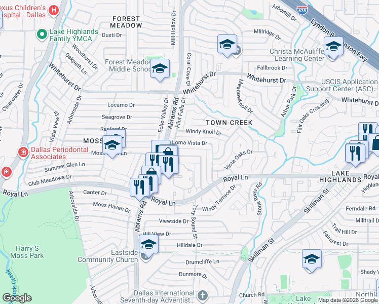 map of restaurants, bars, coffee shops, grocery stores, and more near 9516 Loma Vista Drive in Dallas