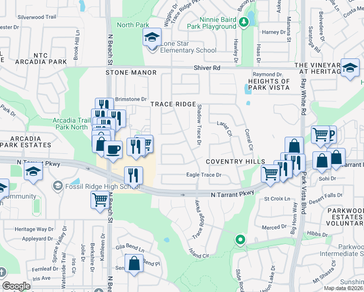 map of restaurants, bars, coffee shops, grocery stores, and more near 8624 Trace Ridge Parkway in Fort Worth