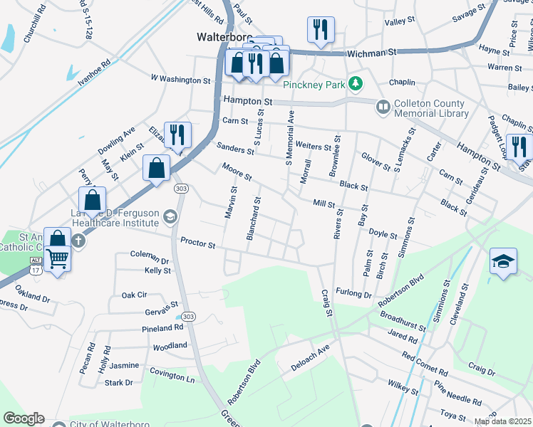 map of restaurants, bars, coffee shops, grocery stores, and more near 109 Harper Street in Walterboro