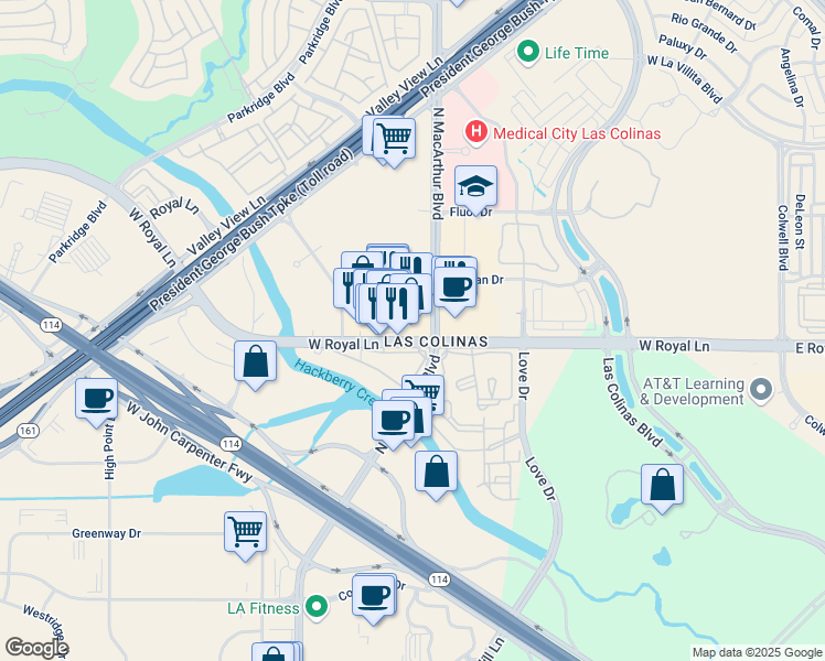 map of restaurants, bars, coffee shops, grocery stores, and more near 801 West Royal Lane in Irving
