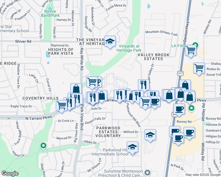 map of restaurants, bars, coffee shops, grocery stores, and more near 5301 North Tarrant Parkway in Fort Worth
