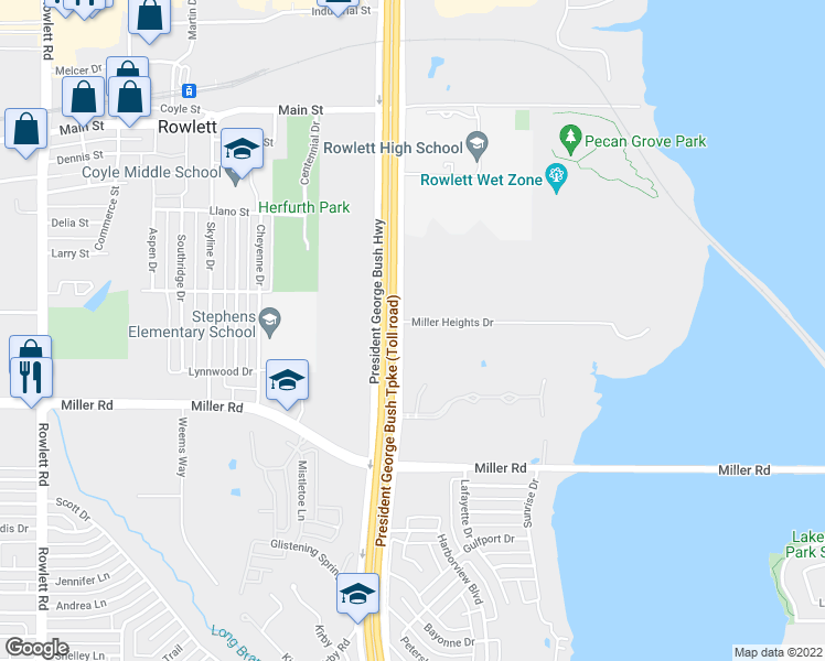 map of restaurants, bars, coffee shops, grocery stores, and more near 3710 President George Bush Highway in Rowlett