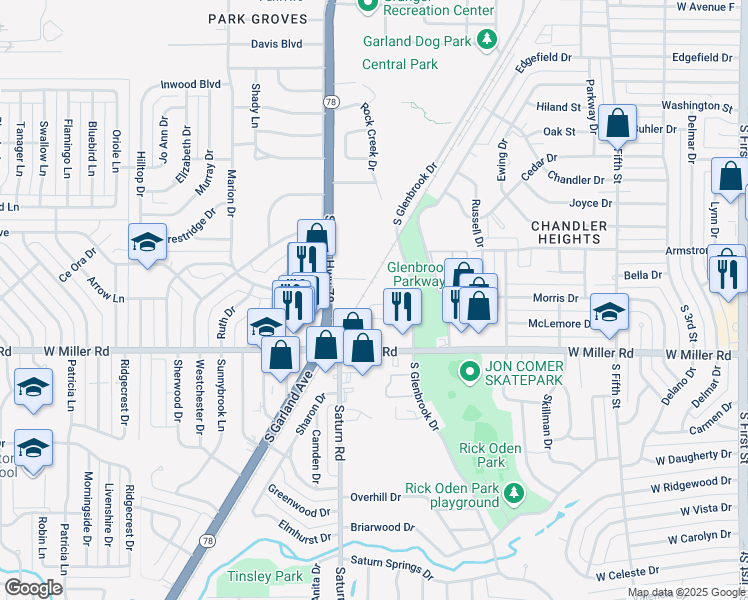 map of restaurants, bars, coffee shops, grocery stores, and more near 1821 South Glenbrook Drive in Garland