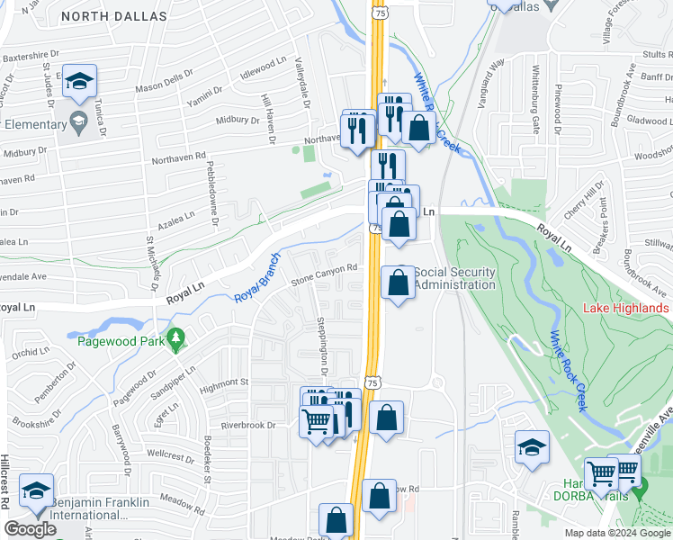 map of restaurants, bars, coffee shops, grocery stores, and more near 10947 Stone Canyon Road in Dallas