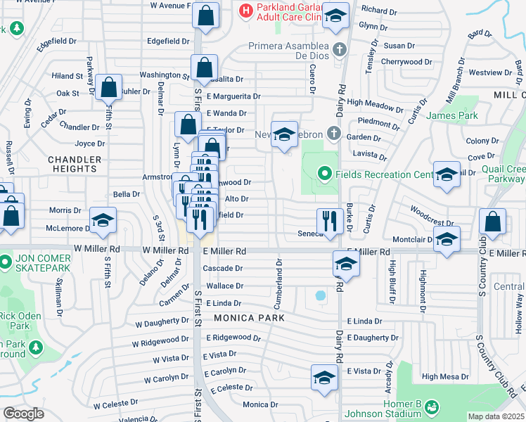 map of restaurants, bars, coffee shops, grocery stores, and more near 311 Glenfield Drive in Garland