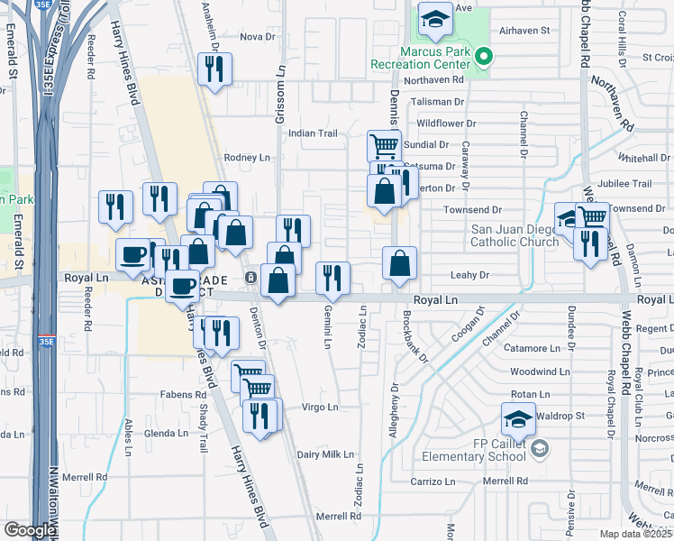 map of restaurants, bars, coffee shops, grocery stores, and more near 10871 Indian Trail in Dallas
