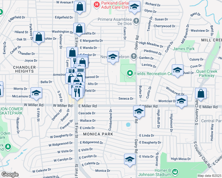 map of restaurants, bars, coffee shops, grocery stores, and more near 1710 Cumberland Drive in Garland