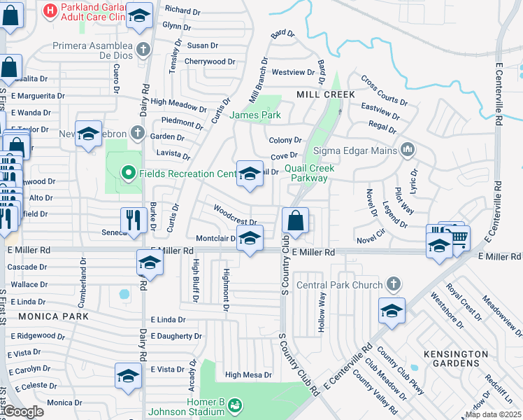 map of restaurants, bars, coffee shops, grocery stores, and more near 1210 Beverly Drive in Garland