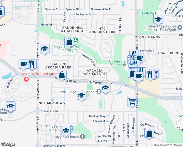 map of restaurants, bars, coffee shops, grocery stores, and more near 4172 Tupelo Trail in Fort Worth