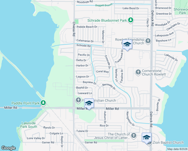 map of restaurants, bars, coffee shops, grocery stores, and more near 25 Lagoon Drive in Rowlett
