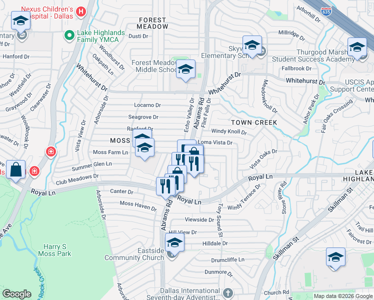 map of restaurants, bars, coffee shops, grocery stores, and more near 9350 Loma Vista Drive in Dallas