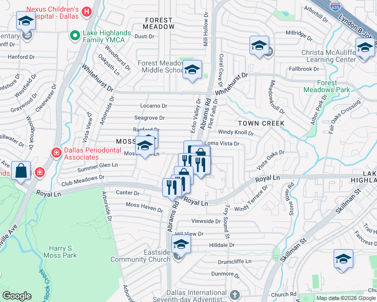 map of restaurants, bars, coffee shops, grocery stores, and more near 9350 Loma Vista Drive in Dallas