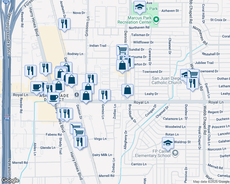 map of restaurants, bars, coffee shops, grocery stores, and more near 10871 Indian Trail in Dallas