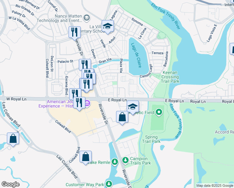 map of restaurants, bars, coffee shops, grocery stores, and more near 6427 Tranquilo in Irving