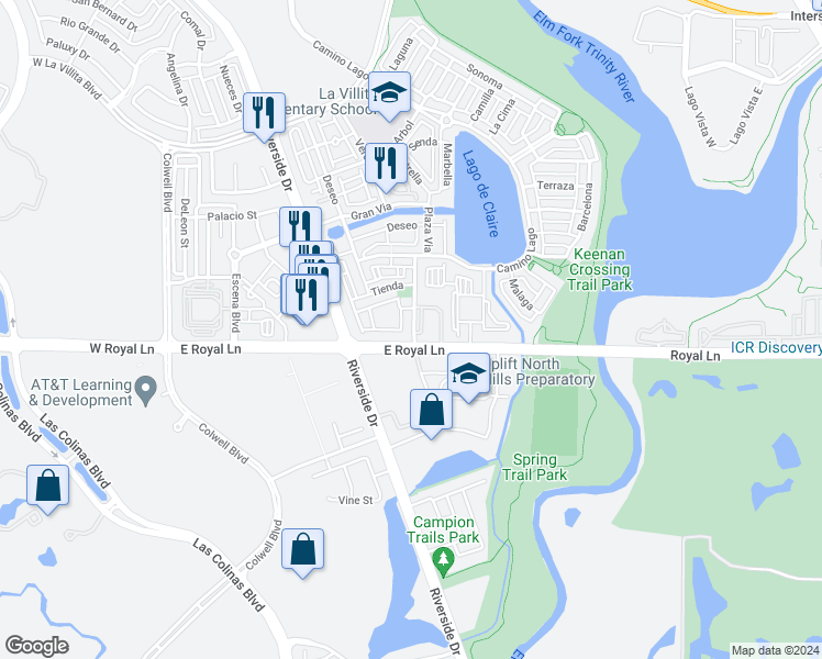 map of restaurants, bars, coffee shops, grocery stores, and more near 6427 Tranquilo in Irving