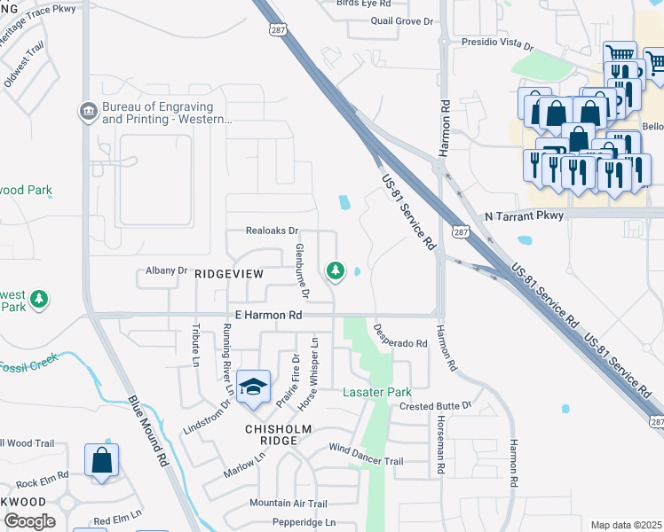 map of restaurants, bars, coffee shops, grocery stores, and more near 1221 Harmon Road in Fort Worth