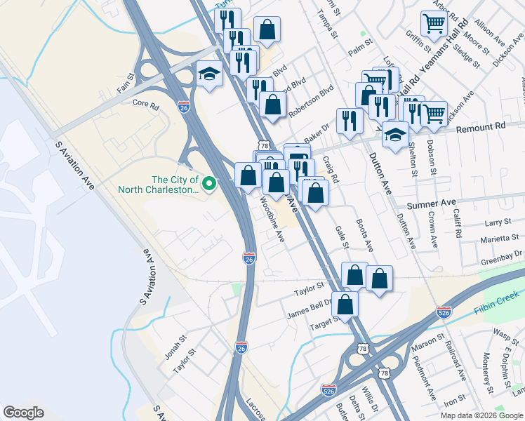 map of restaurants, bars, coffee shops, grocery stores, and more near 205 Woodbine Avenue in Charleston