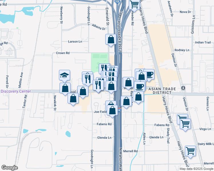 map of restaurants, bars, coffee shops, grocery stores, and more near 11407 Emerald Street in Dallas
