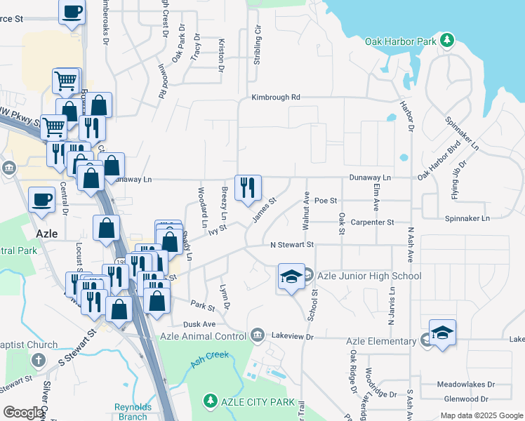 map of restaurants, bars, coffee shops, grocery stores, and more near 805 James Street in Azle