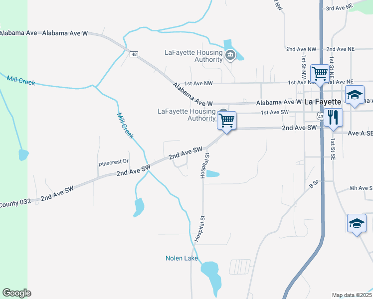 map of restaurants, bars, coffee shops, grocery stores, and more near 502 2nd Avenue Southwest in La Fayette
