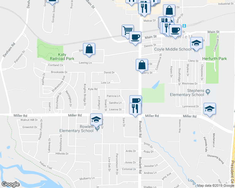 map of restaurants, bars, coffee shops, grocery stores, and more near 3101 Patricia Lane in Rowlett