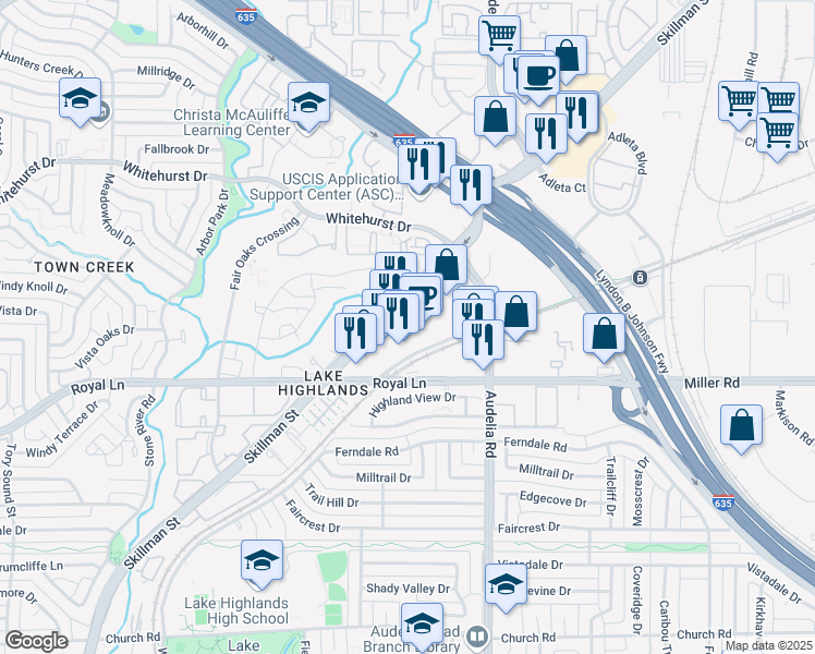 map of restaurants, bars, coffee shops, grocery stores, and more near 8698 Skillman Street in Dallas