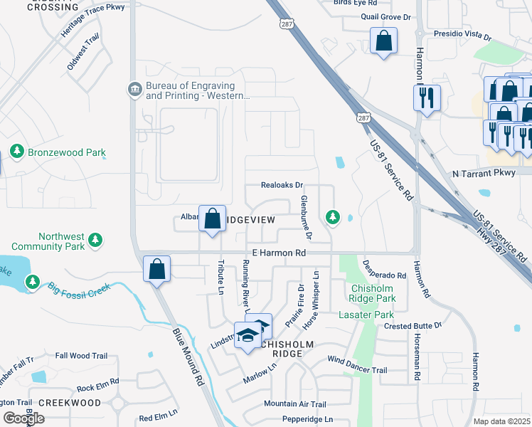 map of restaurants, bars, coffee shops, grocery stores, and more near 8712 Running River Lane in Fort Worth
