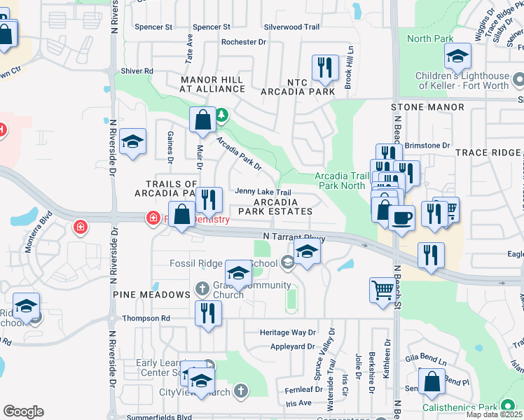 map of restaurants, bars, coffee shops, grocery stores, and more near 4164 Tupelo Trail in Fort Worth