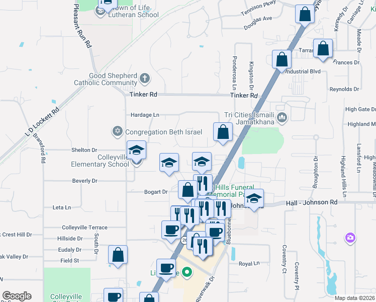 map of restaurants, bars, coffee shops, grocery stores, and more near 5900 Ponderosa Street in Colleyville