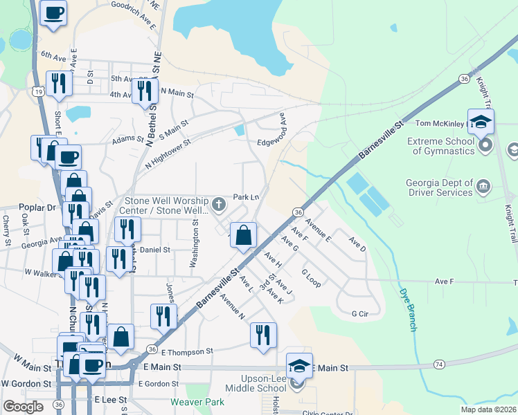 map of restaurants, bars, coffee shops, grocery stores, and more near Mill Avenue in Thomaston