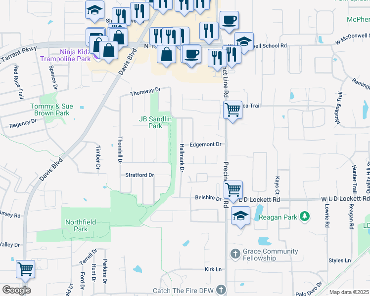 map of restaurants, bars, coffee shops, grocery stores, and more near 9100 Edgemont Dr in North Richland Hills