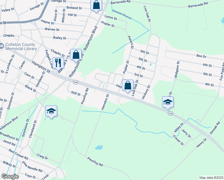 map of restaurants, bars, coffee shops, grocery stores, and more near 1609 Hampton Street in Walterboro
