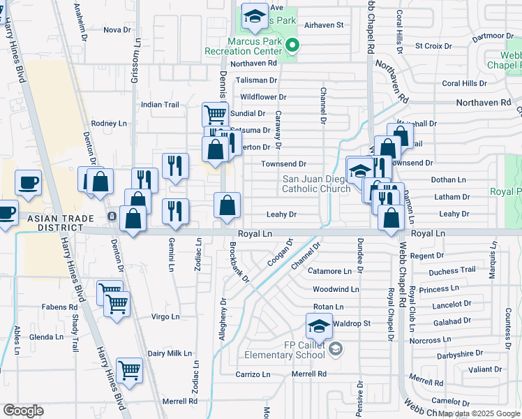 map of restaurants, bars, coffee shops, grocery stores, and more near 2953 Leahy Drive in Dallas