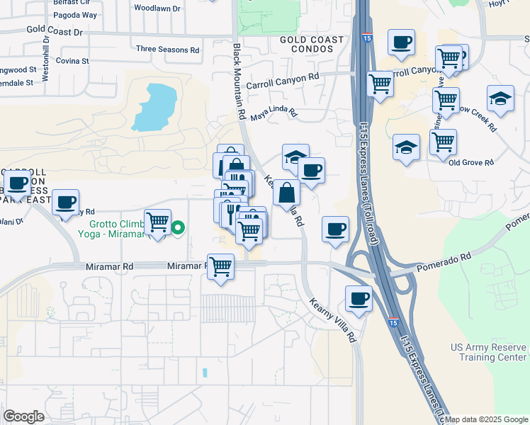 map of restaurants, bars, coffee shops, grocery stores, and more near 9555 Black Mountain Rd in San Diego