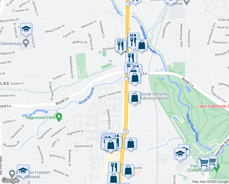 map of restaurants, bars, coffee shops, grocery stores, and more near 10951 Stone Canyon Road in Dallas