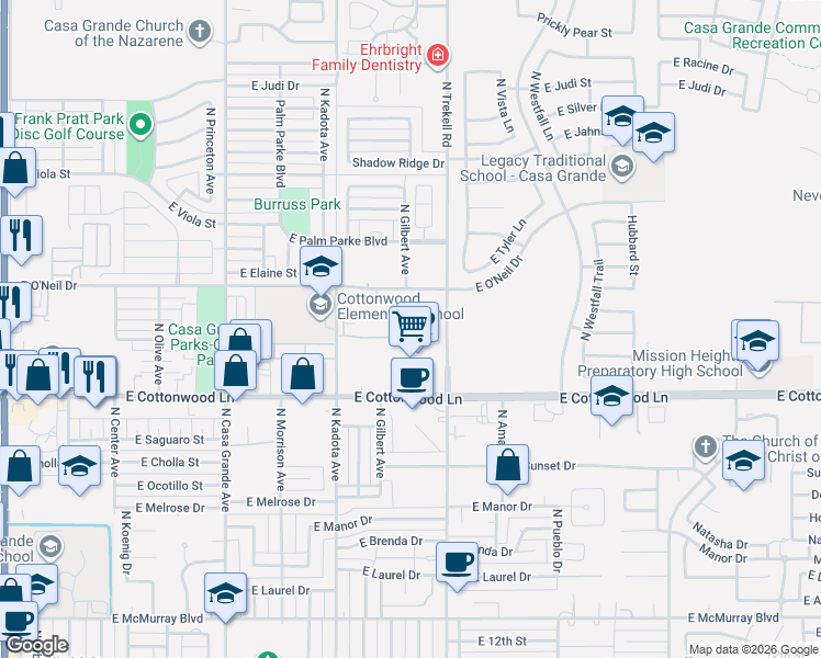 map of restaurants, bars, coffee shops, grocery stores, and more near 1667 North Trekell Road in Casa Grande