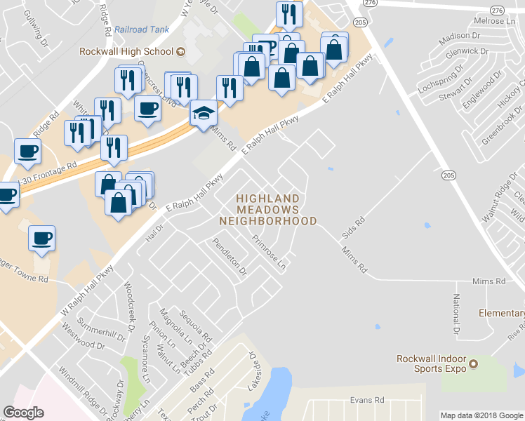 map of restaurants, bars, coffee shops, grocery stores, and more near 2814 Paint Brush Trail in Rockwall