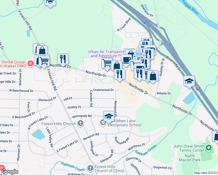 map of restaurants, bars, coffee shops, grocery stores, and more near 1072 Underwood Dr in Macon