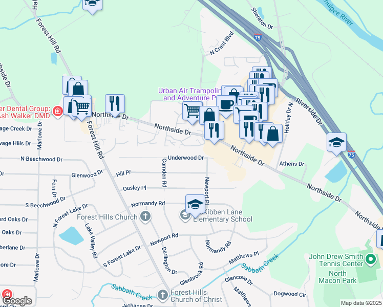 map of restaurants, bars, coffee shops, grocery stores, and more near 1072 Underwood Drive in Macon