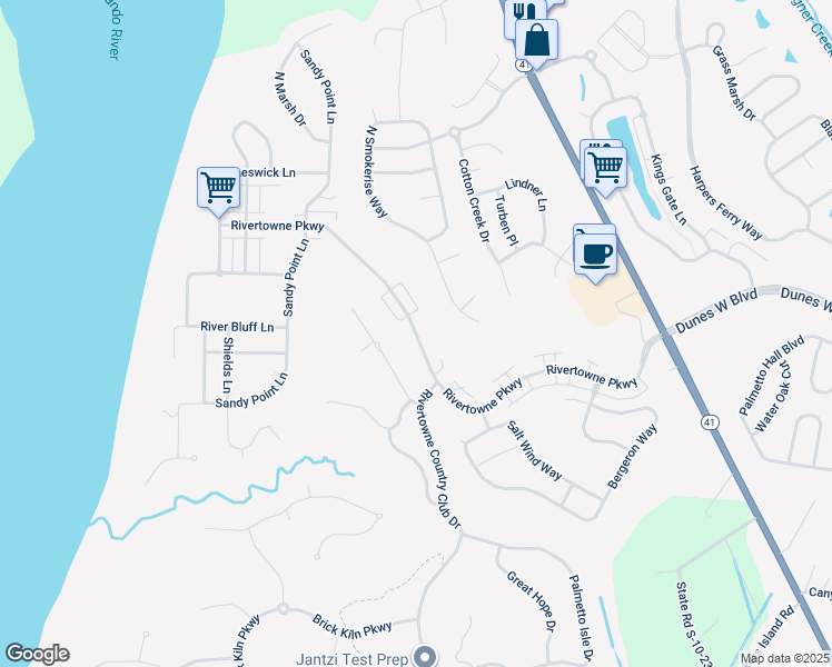 map of restaurants, bars, coffee shops, grocery stores, and more near 2614 Rivertowne Parkway in Mount Pleasant