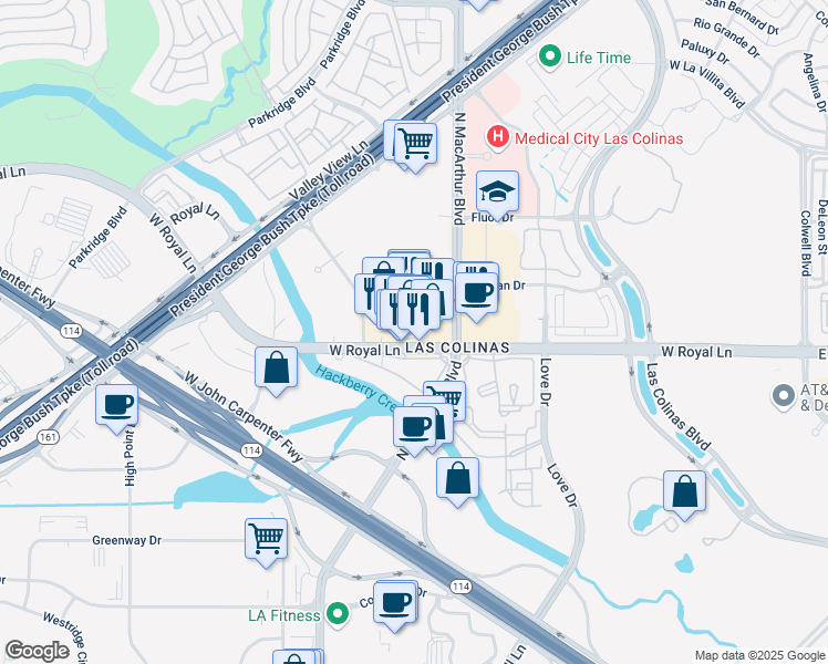 map of restaurants, bars, coffee shops, grocery stores, and more near 801 West Royal Lane in Irving