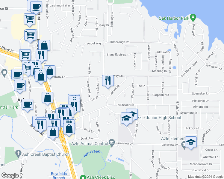map of restaurants, bars, coffee shops, grocery stores, and more near 801 James Street in Azle