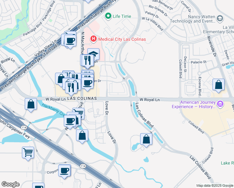 map of restaurants, bars, coffee shops, grocery stores, and more near 556 Reale Drive in Irving