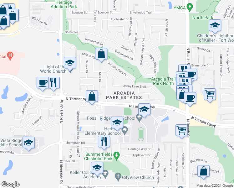 map of restaurants, bars, coffee shops, grocery stores, and more near 4128 Tupelo Trail in Fort Worth