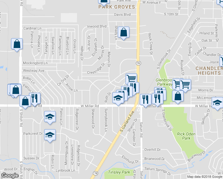 map of restaurants, bars, coffee shops, grocery stores, and more near 1701 Ruth Drive in Garland